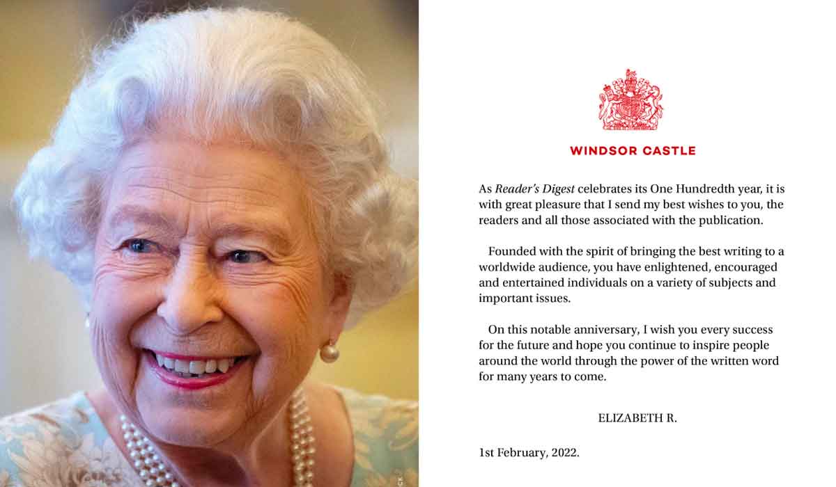 la reina Isabel manda un saludo a Reade'rs Digest