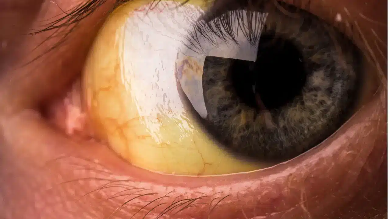 Ictericia (coloración amarilla en piel y ojos)