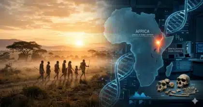 Origen del Homo sapiens en África representado con paisaje africano, ADN y análisis científico moderno
