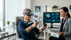 Paciente participa en una sesión de rehabilitación cognitiva con realidad virtual mientras un especialista monitorea su desempeño para mejorar la memoria y las funciones cognitivas.