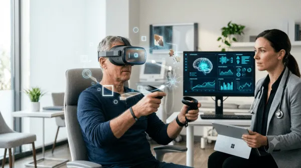Paciente participa en una sesión de rehabilitación cognitiva con realidad virtual mientras un especialista monitorea su desempeño para mejorar la memoria y las funciones cognitivas.