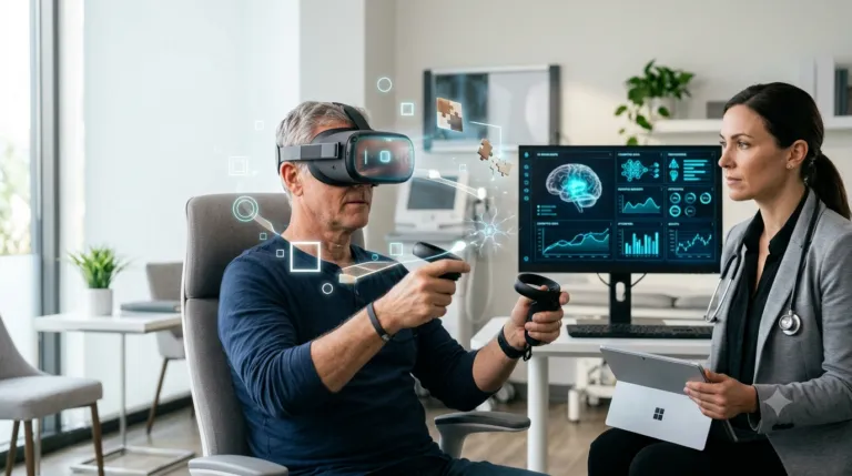 Paciente participa en una sesión de rehabilitación cognitiva con realidad virtual mientras un especialista monitorea su desempeño para mejorar la memoria y las funciones cognitivas.
